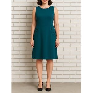 Talbots Teal Ponte Knit Sheath Dress Sleeveless Button Detail Knee Length 16